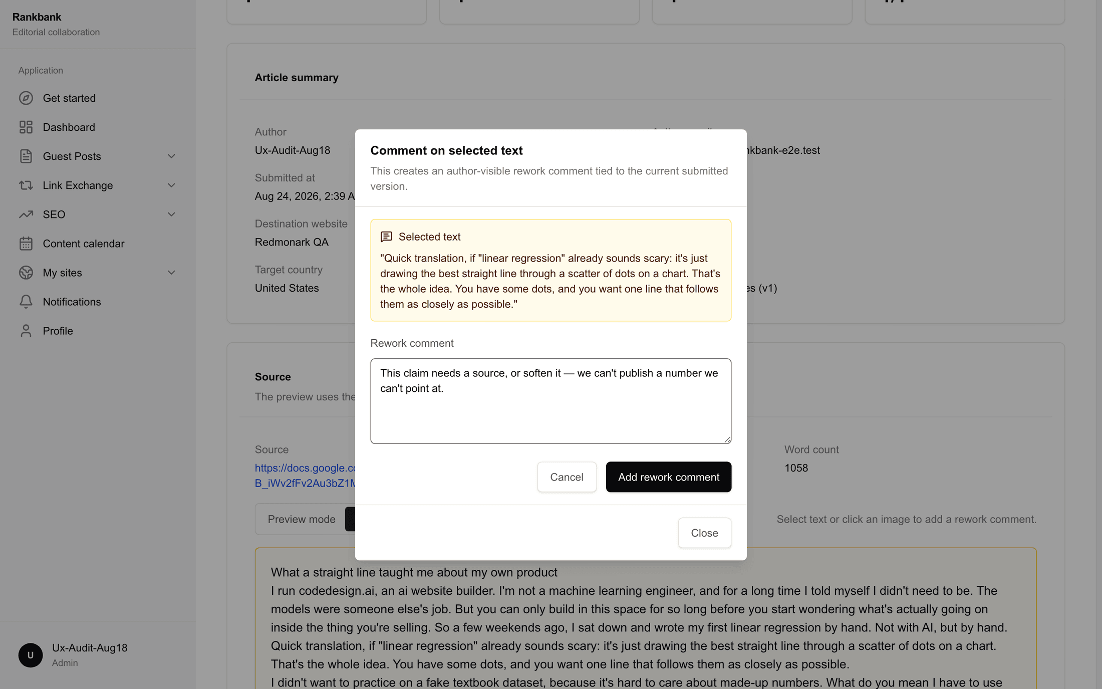 Review mode with a passage selected and the comment modal open, showing the type and visibility controls