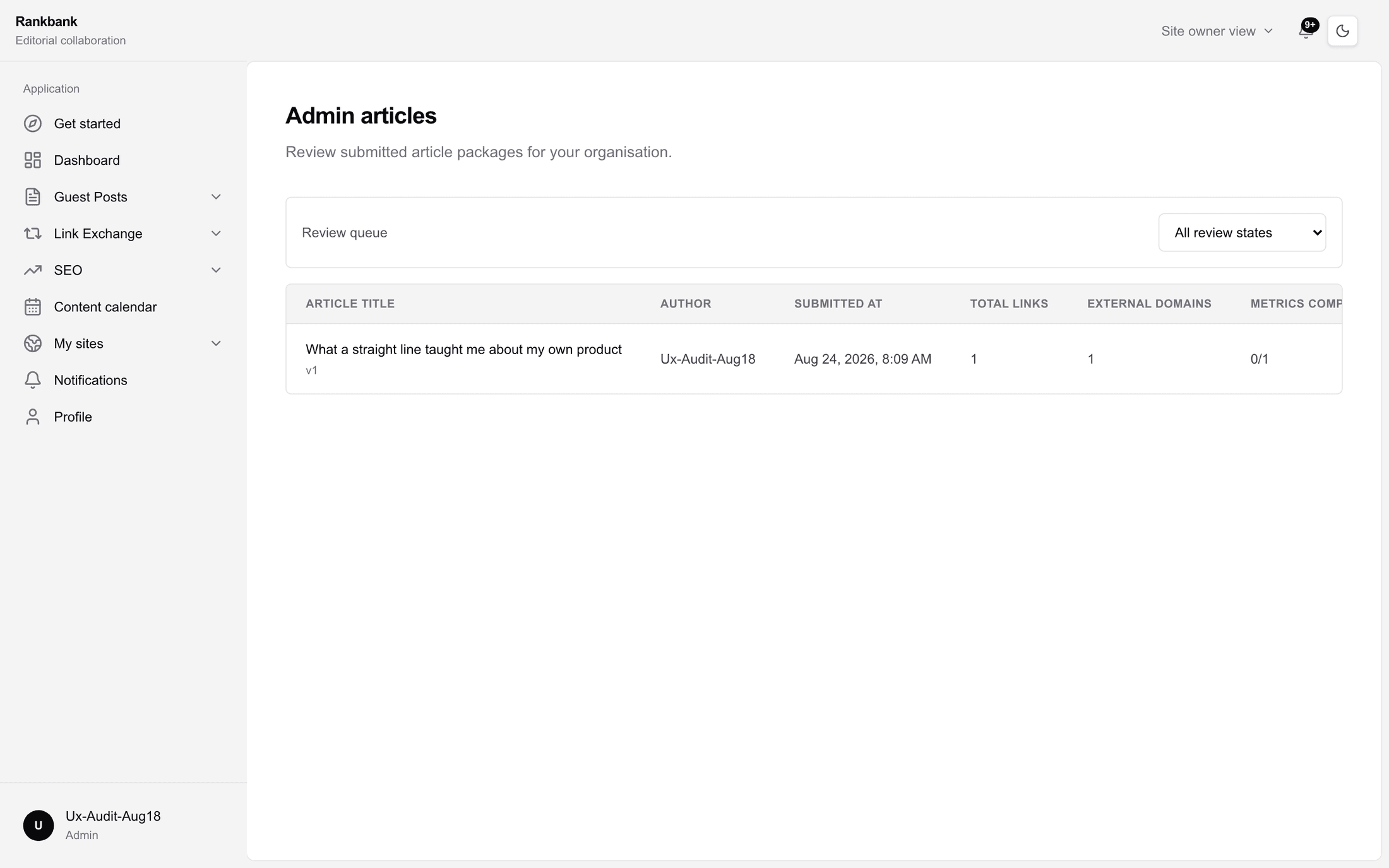 The admin review queue listing submitted articles with author, submitted date, link counts and status