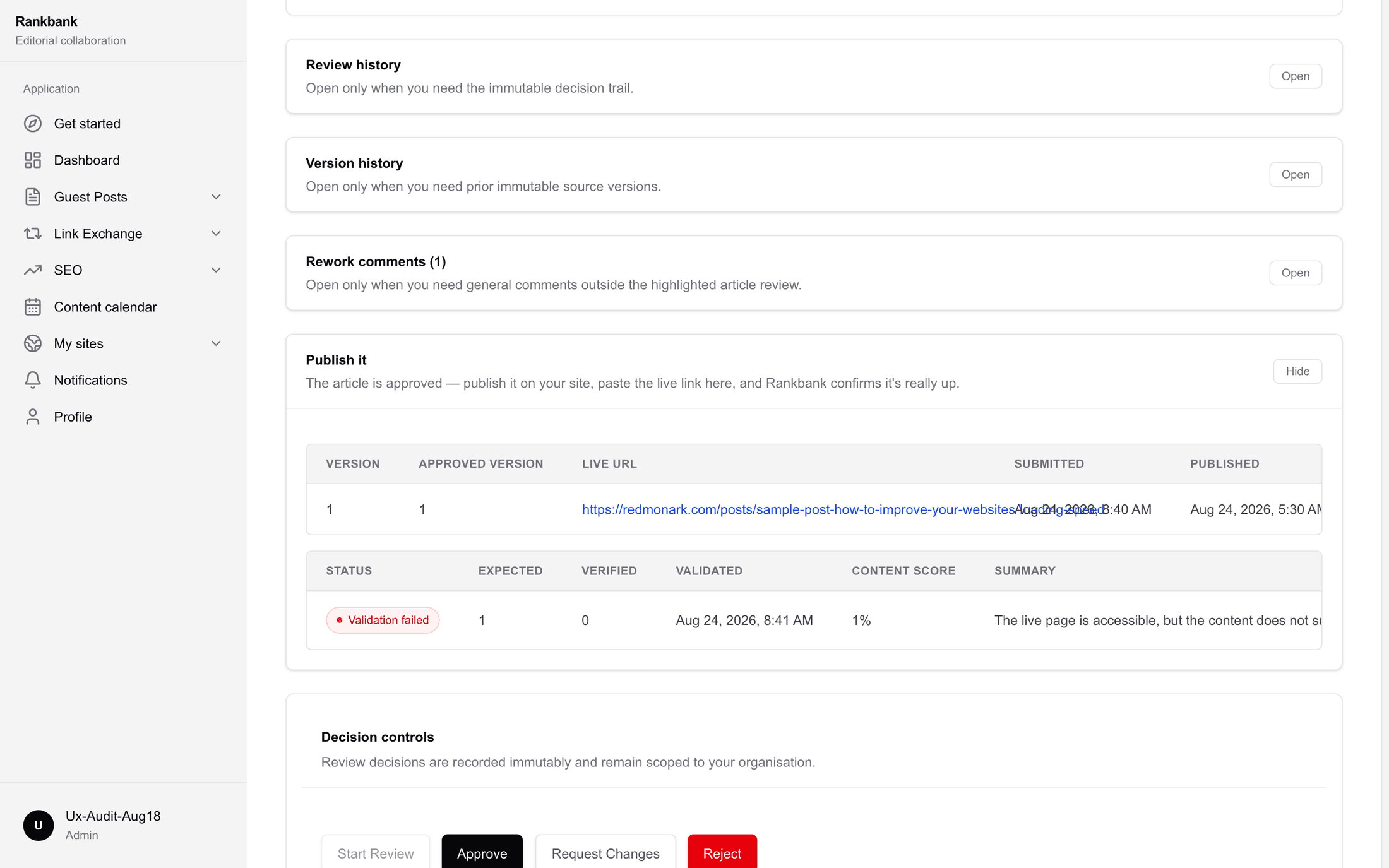 A validation result row showing the status, what was expected, what was verified and a content score