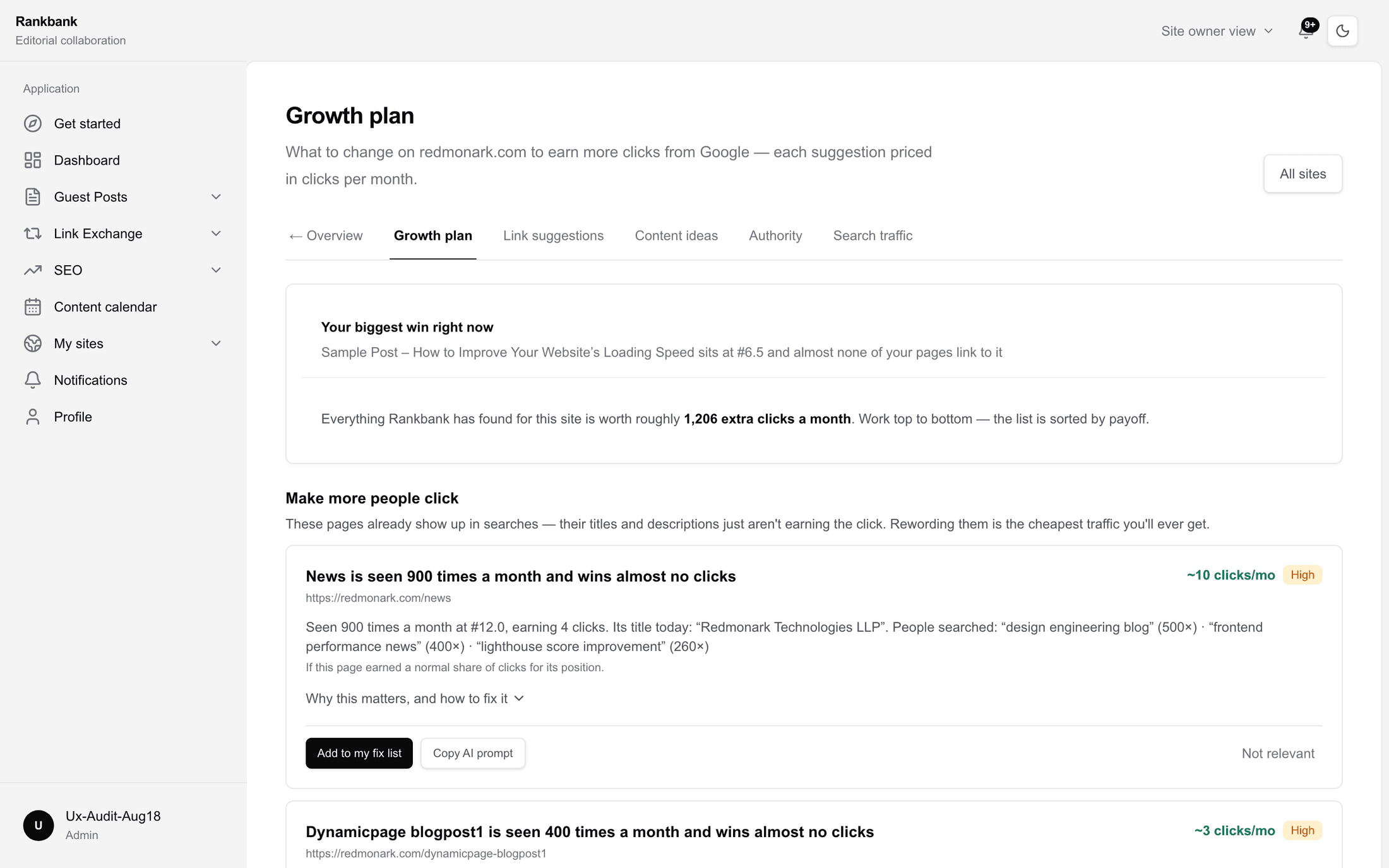 A content gap card naming a query, its monthly appearances, and the note that no page of yours answers it