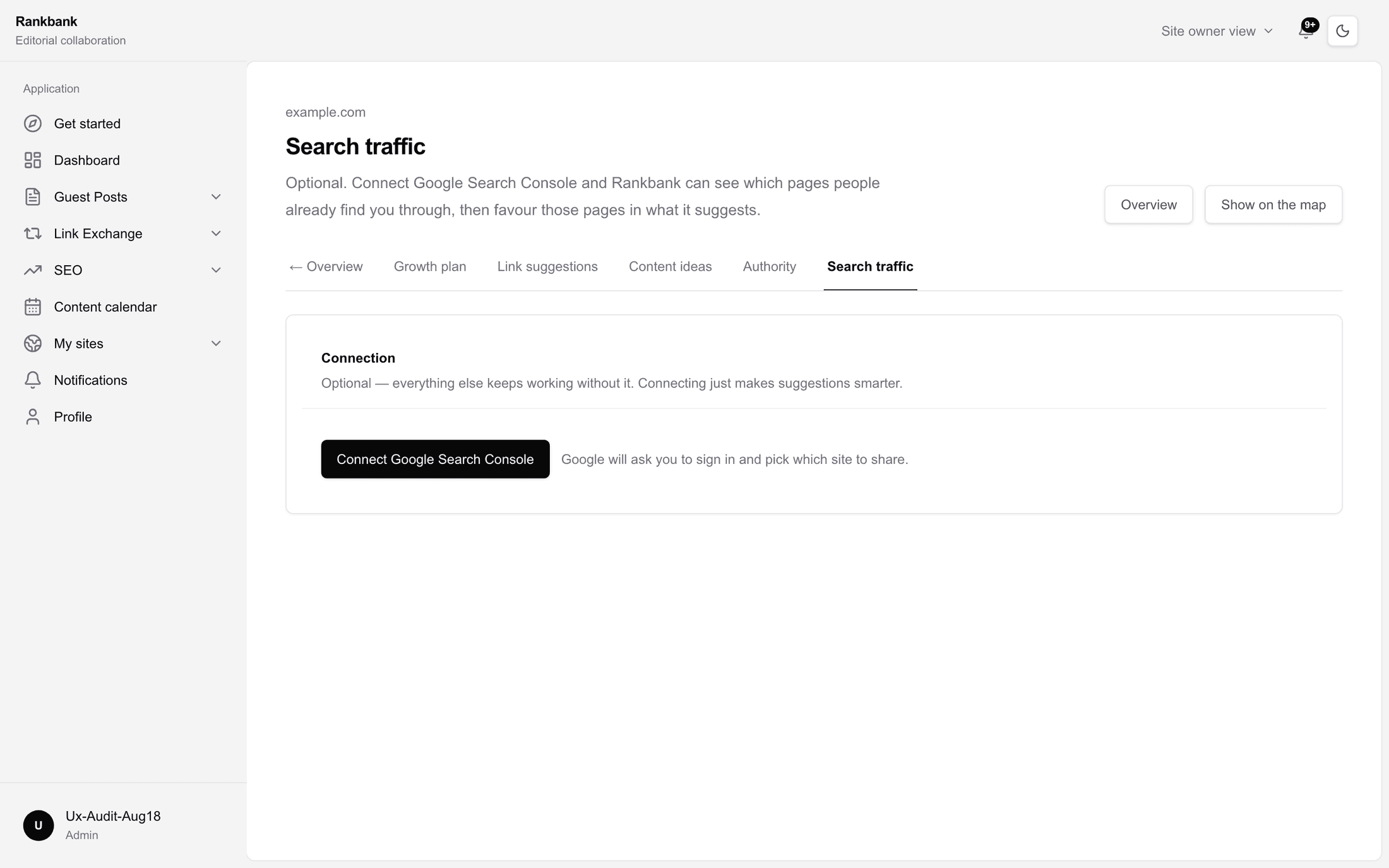The Search traffic page before connecting, showing the Connection card with the Connect Google Search Console button
