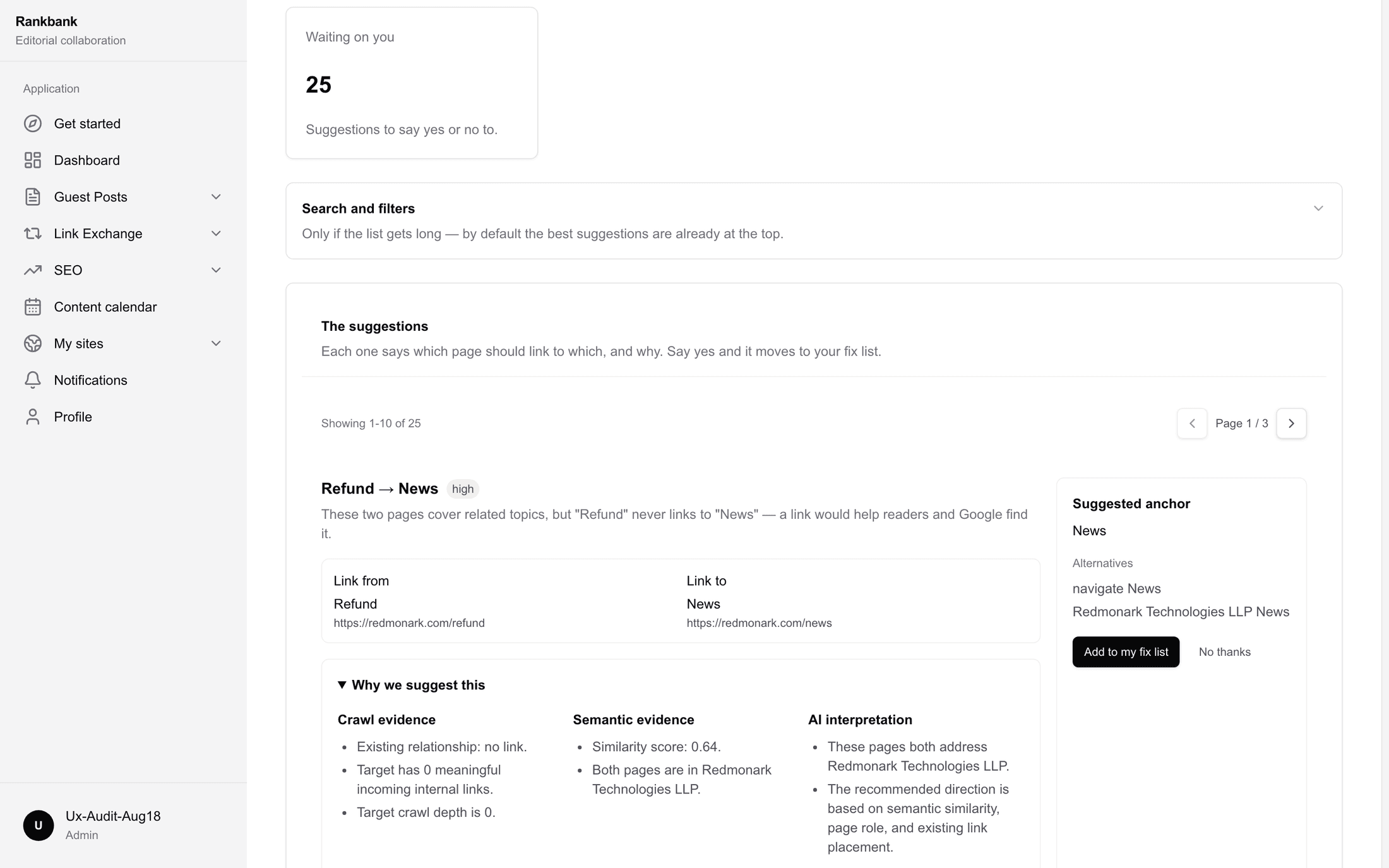 A suggested link row showing the source page, target page, the reason sentence and the expanded Why we suggest this evidence