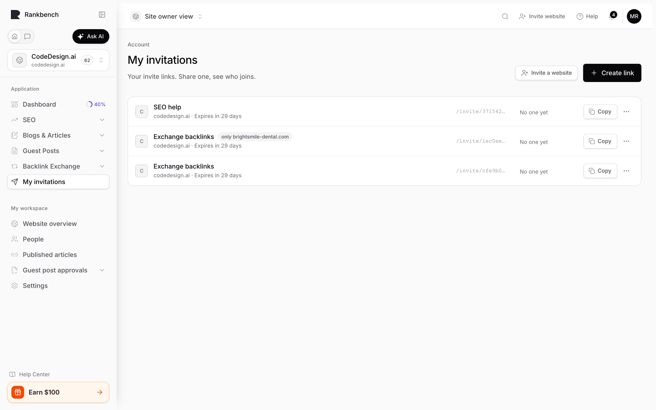 My invitations, listing your invite links with who joined through each
