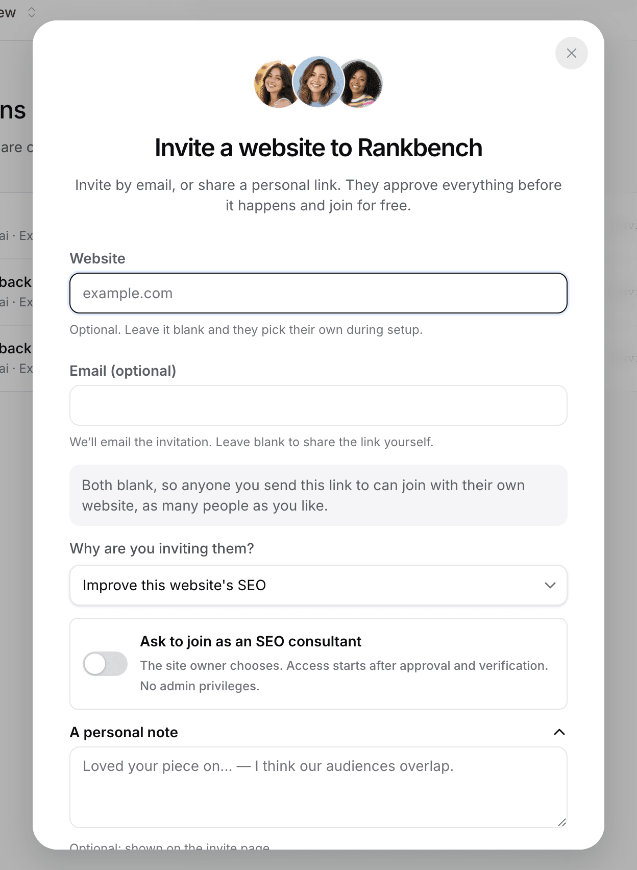 The invite website dialog with the website, email, purpose and the SEO consultant switch