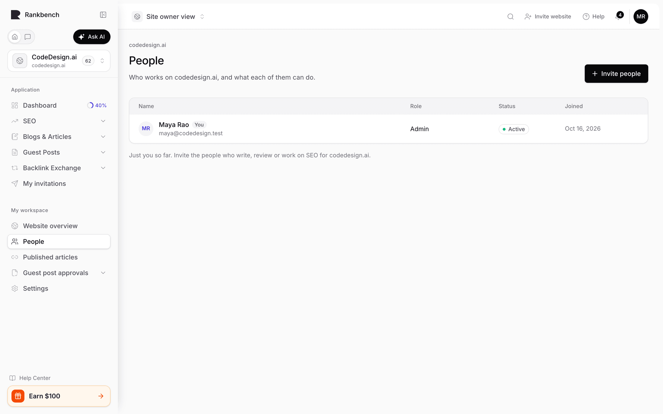 The People page listing each person's role, status and joined date, with Invite people at the top