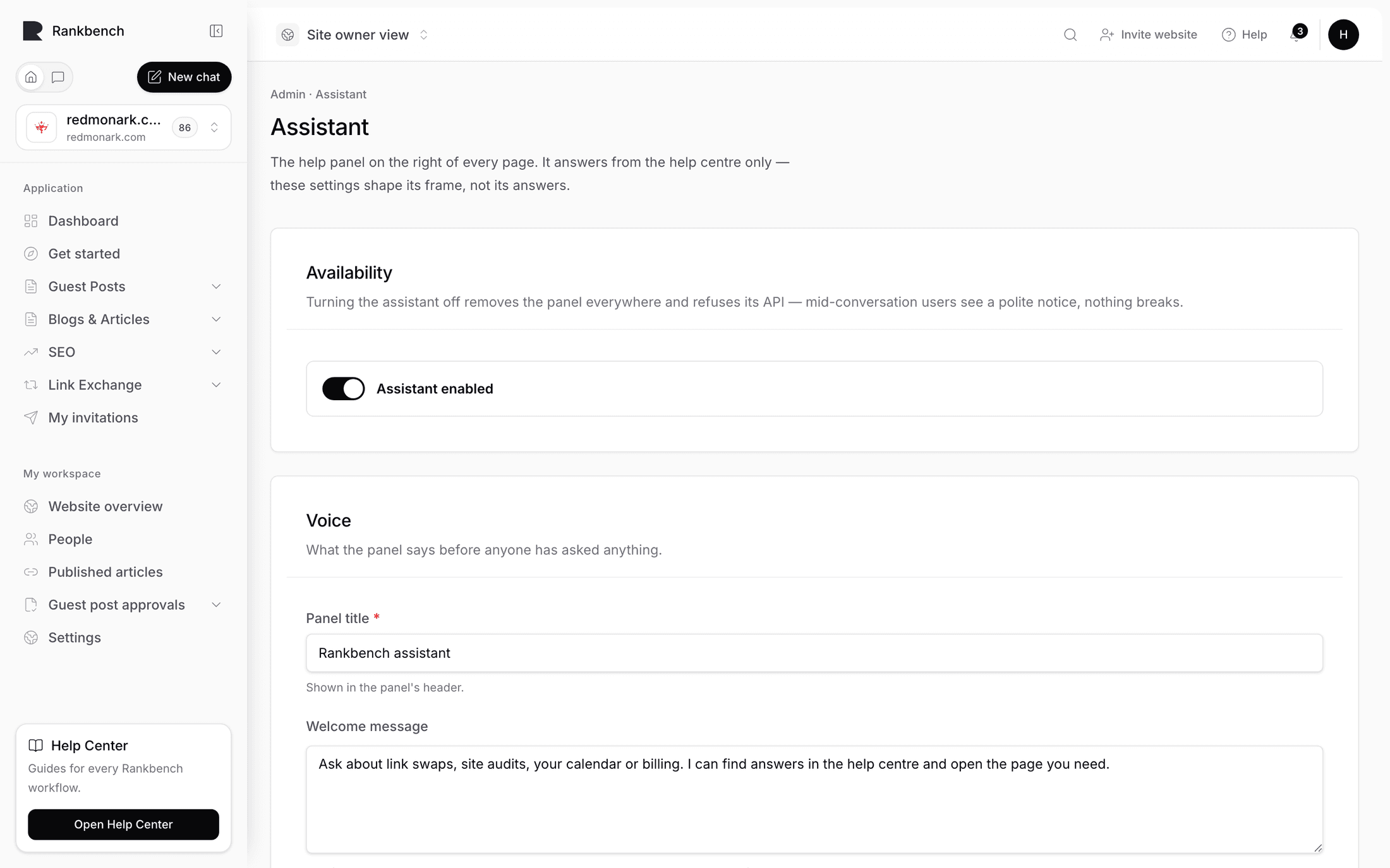 The assistant settings page with voice and the disabled tools kill switch