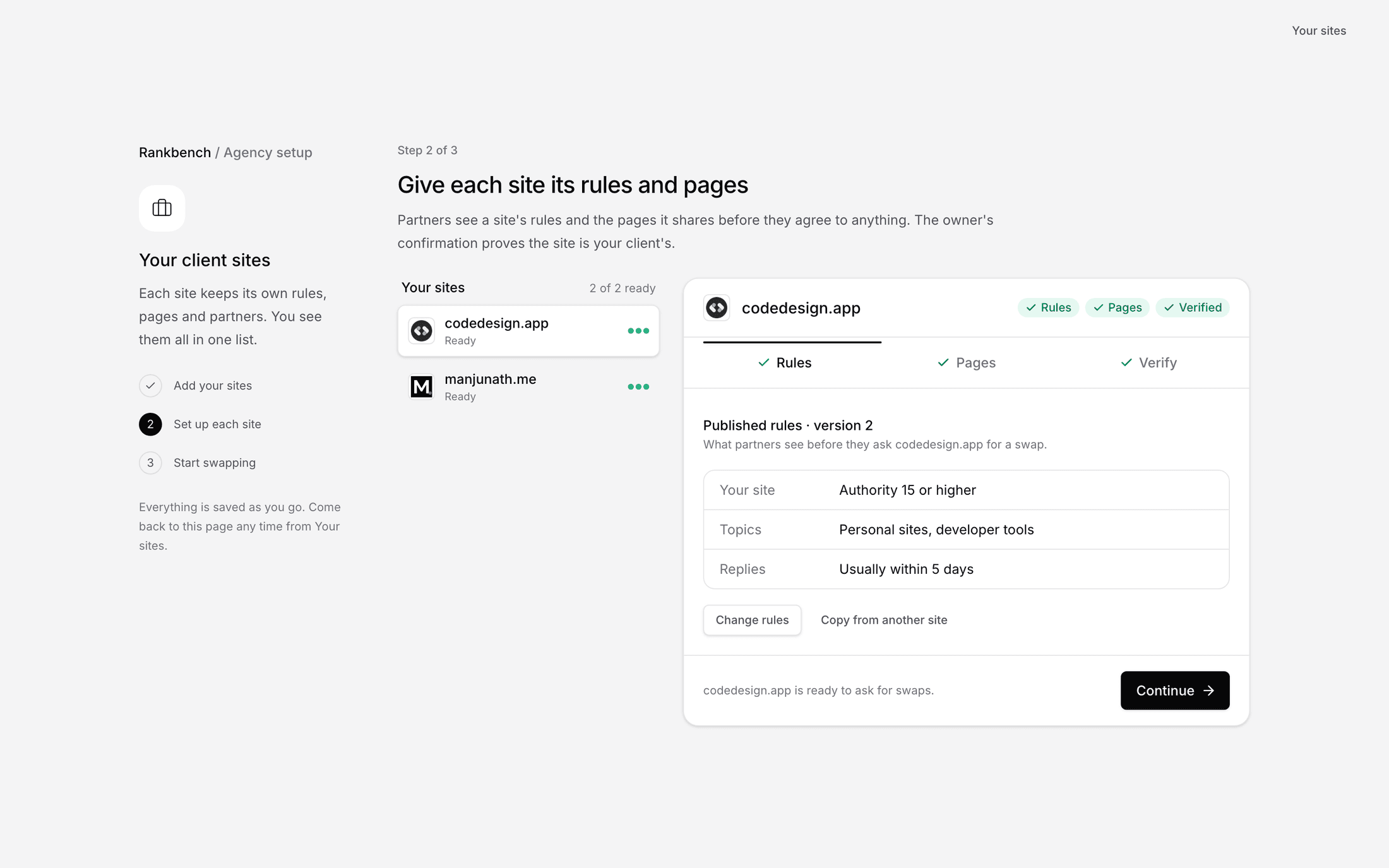 Setting up a client site, with its rules published and the Rules, Pages and Verify tabs