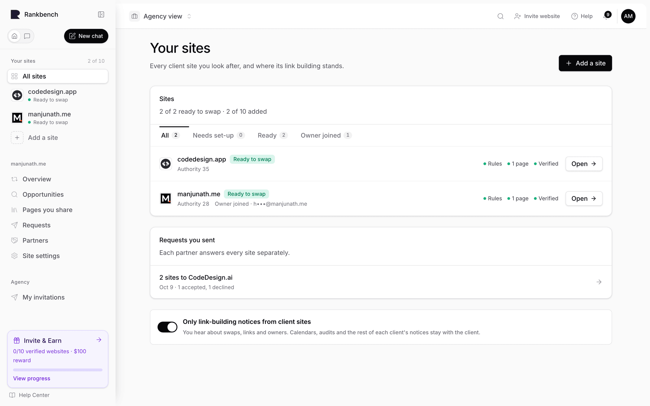 Your sites in agency view, with each client site's status, the requests sent and the notice setting