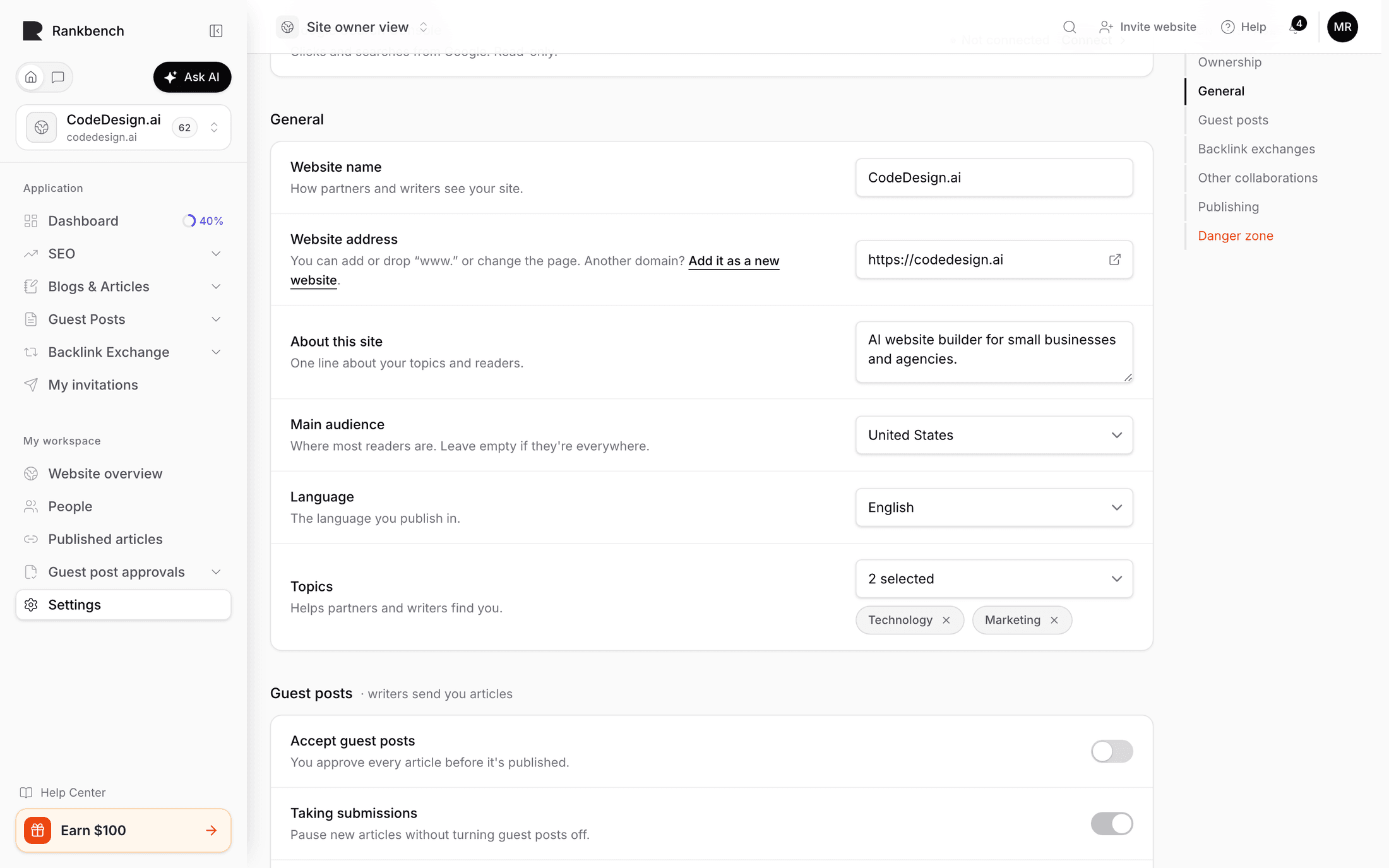 The General section of a website's Settings: name, address, about, audience, language and topics