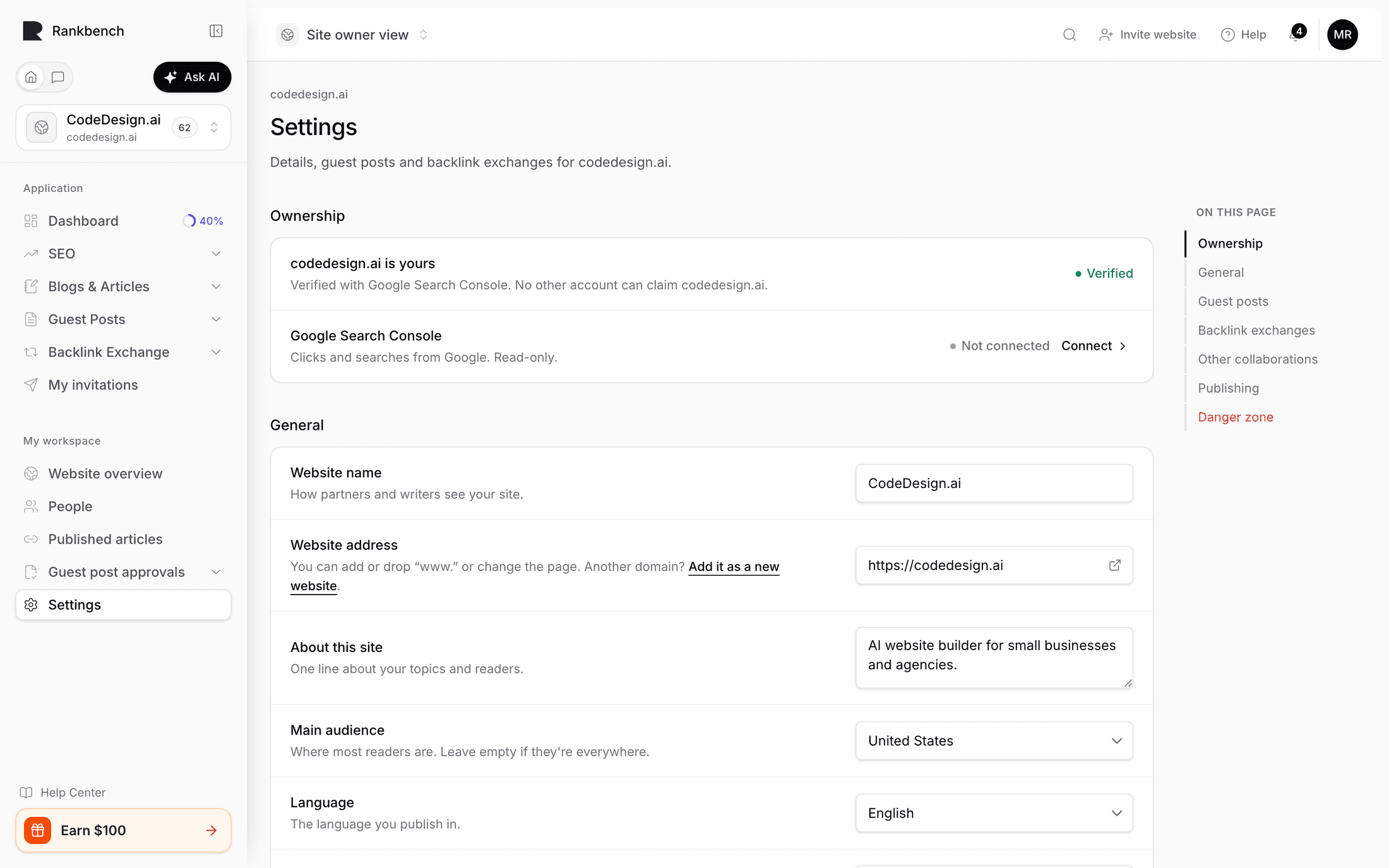 The website Settings page, with its sections listed beside it